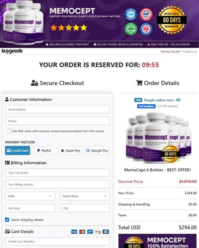 Memocept Secure Order Page — Checkout